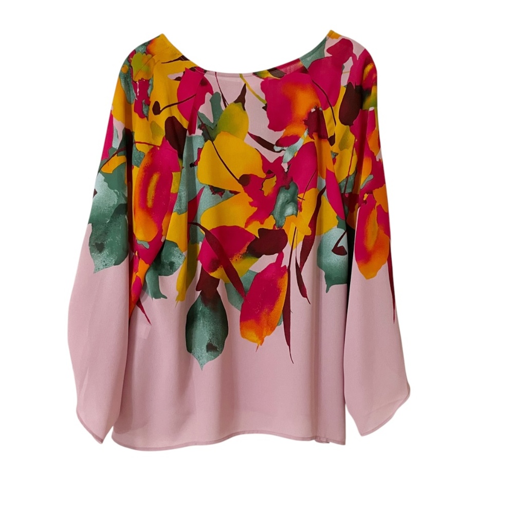 J Jill Christian Siriano Pink Floral Blouse Medium Petite Long Sleeves Abstract - Picture 2 of 11